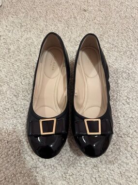 Cole Haan Black Patent Cap-Toe Buckle wedge Ballet Flats